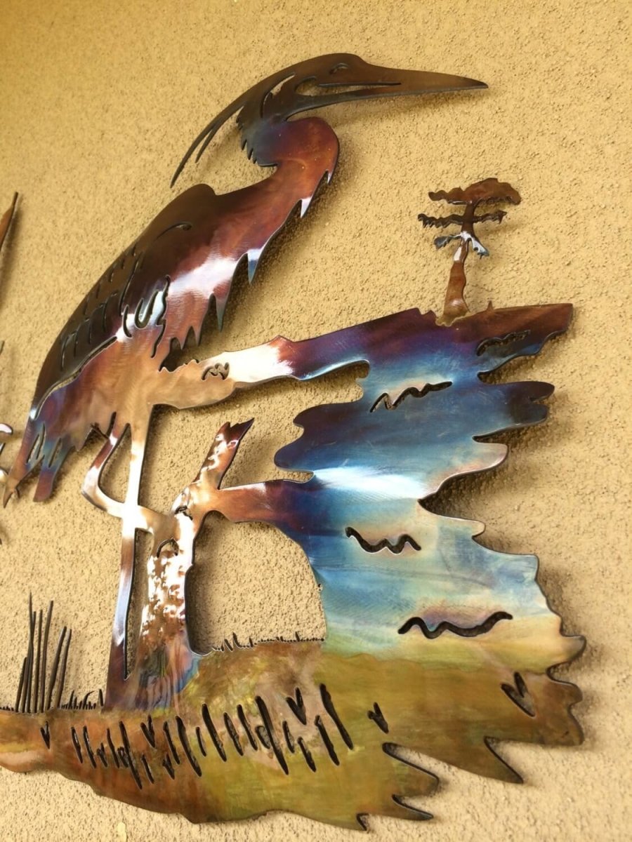 Blue Heron at Swamps Edge On The Bayou Cypress Metal Art - Damrill Metal Sculpture