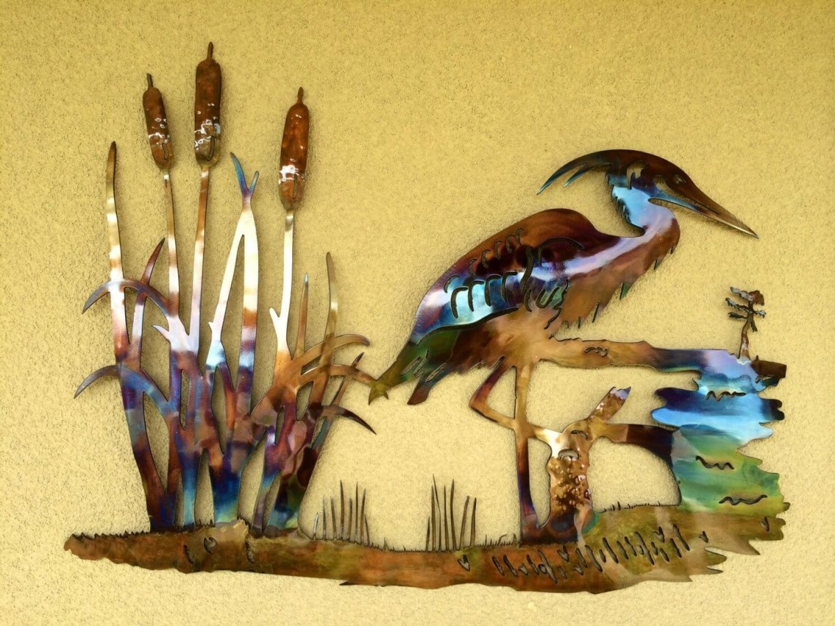 Blue Heron at Swamps Edge On The Bayou Cypress Metal Art - Damrill Metal Sculpture