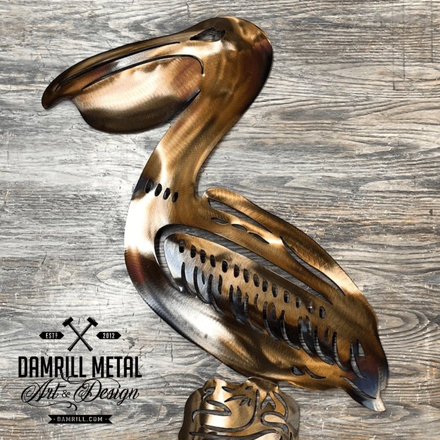 Brown Pelican sitting on a pier Metal Art - Damrill Metal Sculpture