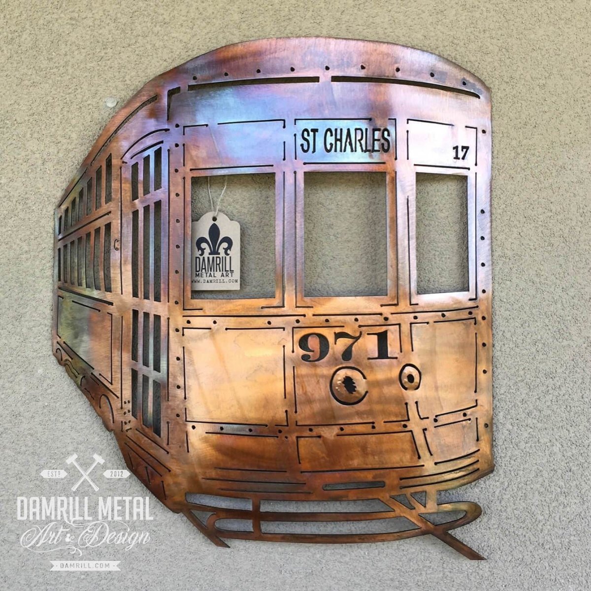New Orleans Streetcar Copper Finish Metal Art Trolly St Charles - Damrill Metal Sculpture